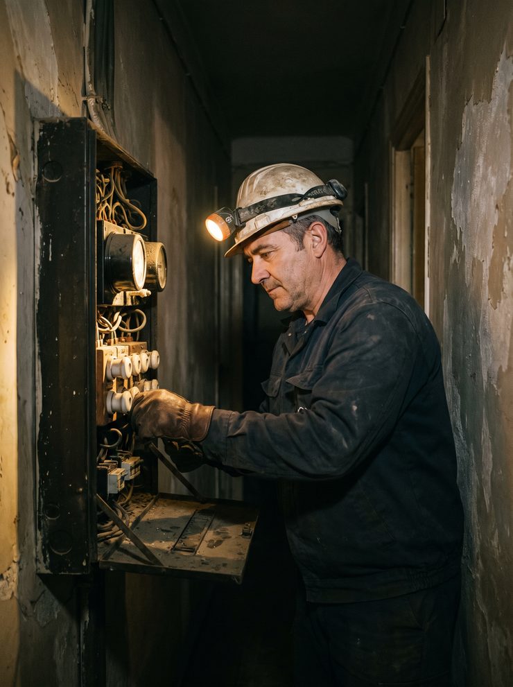 Electricista localizando una avería eléctrica con linterna frontal