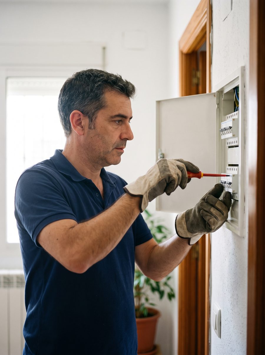 Electricista instalando protecciones en un cuadro eléctrico