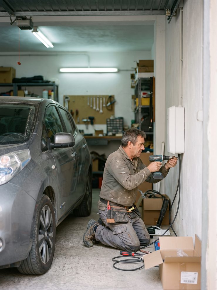 Punto de recarga para coche eléctrico montado en un garaje